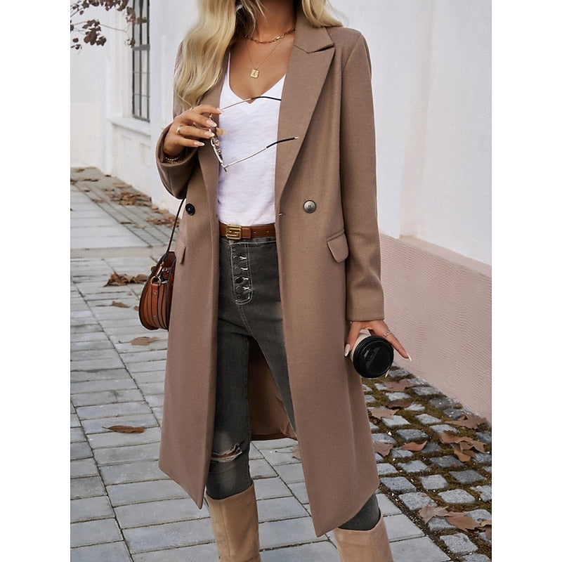 Women's tailored longline coat with lapels in brown – outfit view
