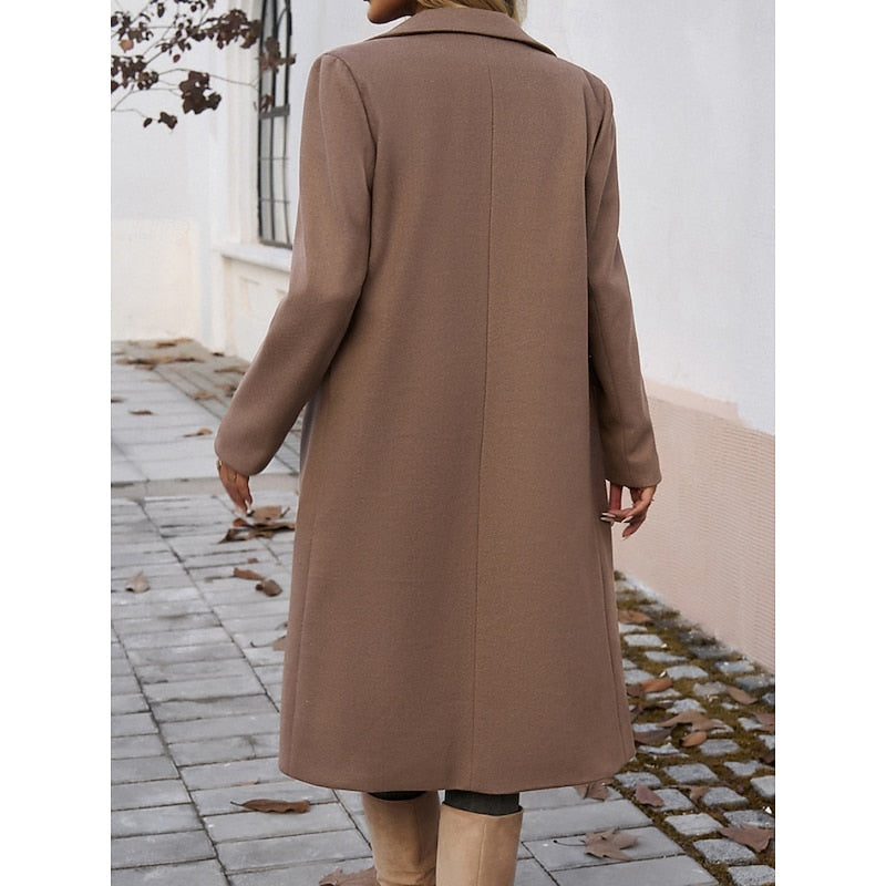 Women's tailored longline coat with lapels in brown – side look