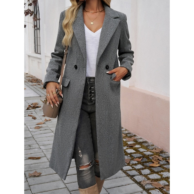Women's tailored longline coat with lapels in dark grey – styled look