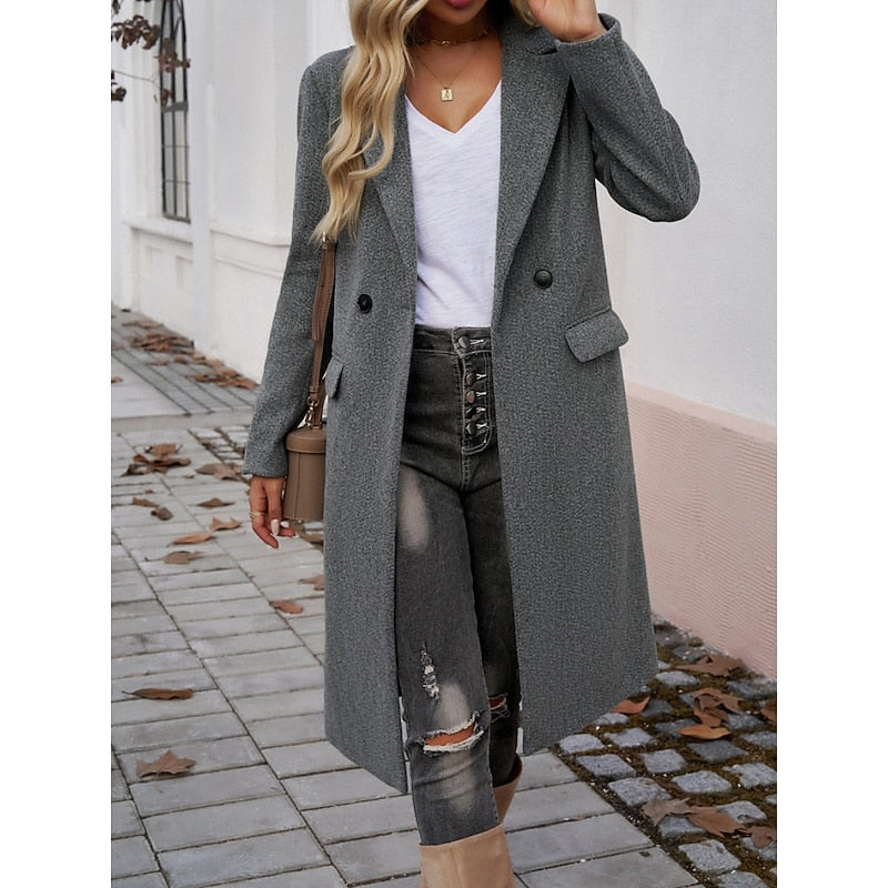 Women's tailored longline coat with lapels in dark grey – full-length look