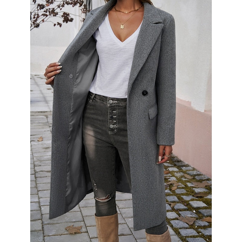 Women's tailored longline coat with lapels in dark grey – outfit view