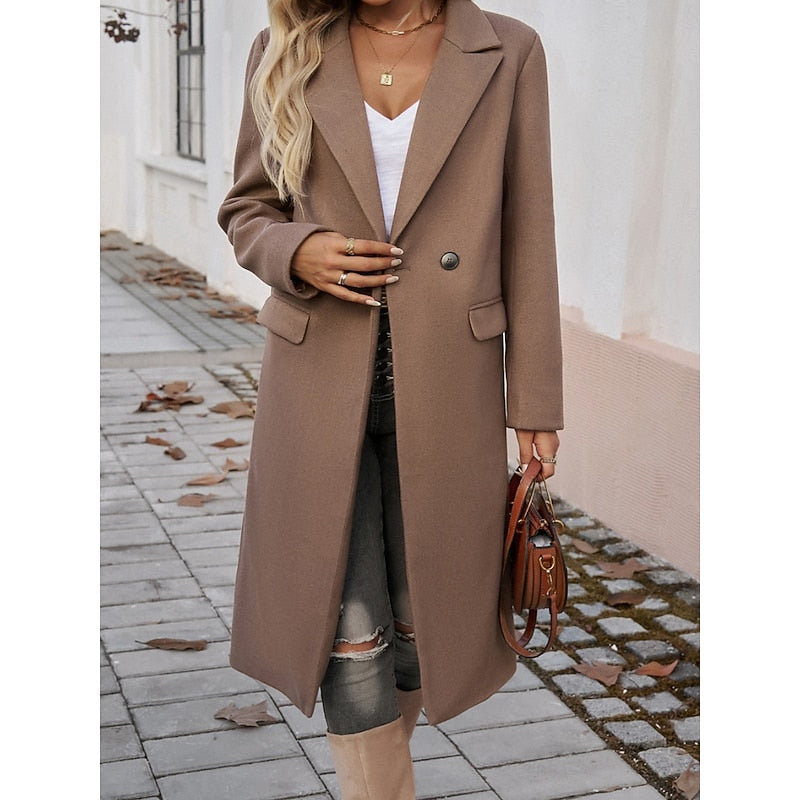 Women's tailored longline coat with lapels in brown – styled look