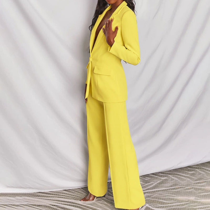 Women's two-piece trouser suit with tailored blazer in yellow – alternate view
