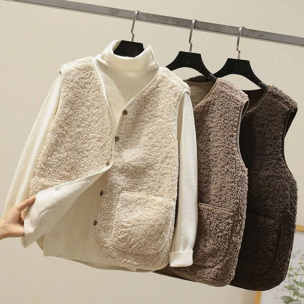 Women's teddy button gilet in cream, brown and taupe