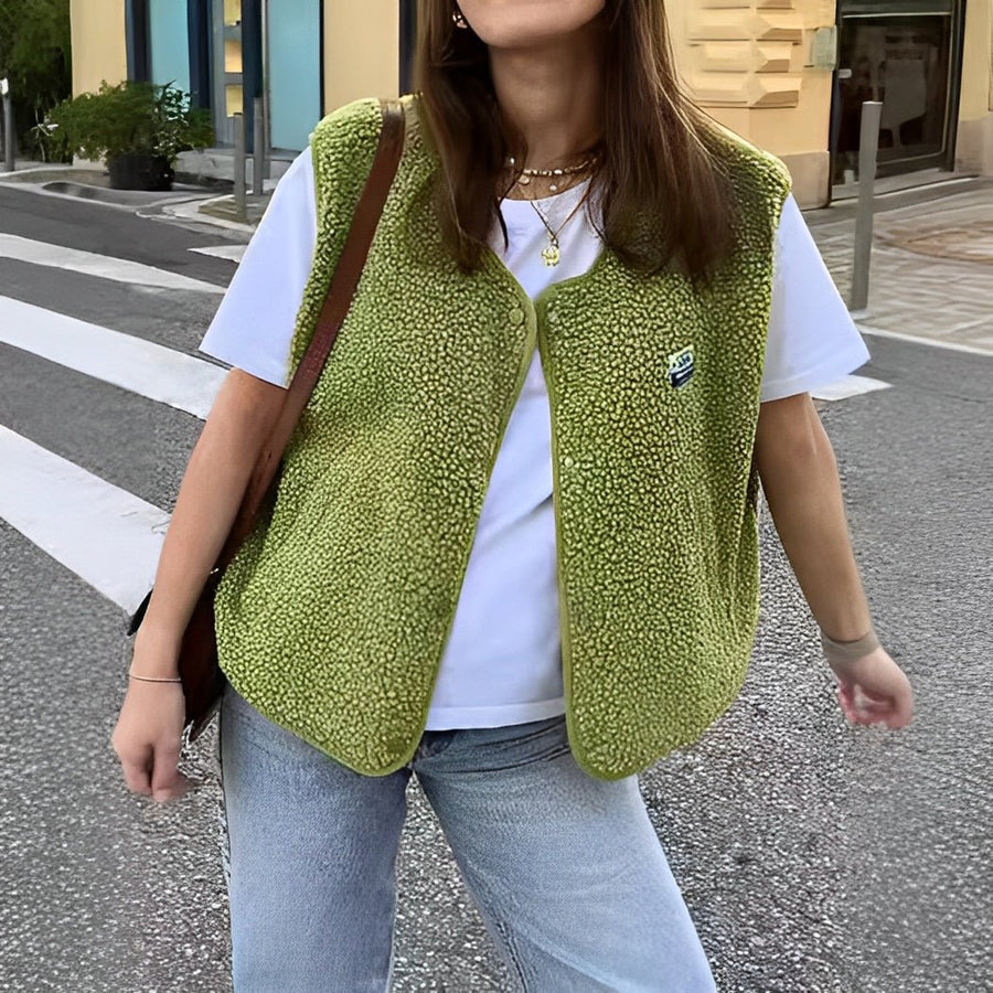 Women's Teddy Fleece Gilet with Button Front in 6 Colors for Cool Days