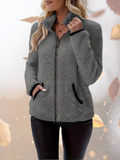 Women's High Collar Teddy Fleece Jacket in grey