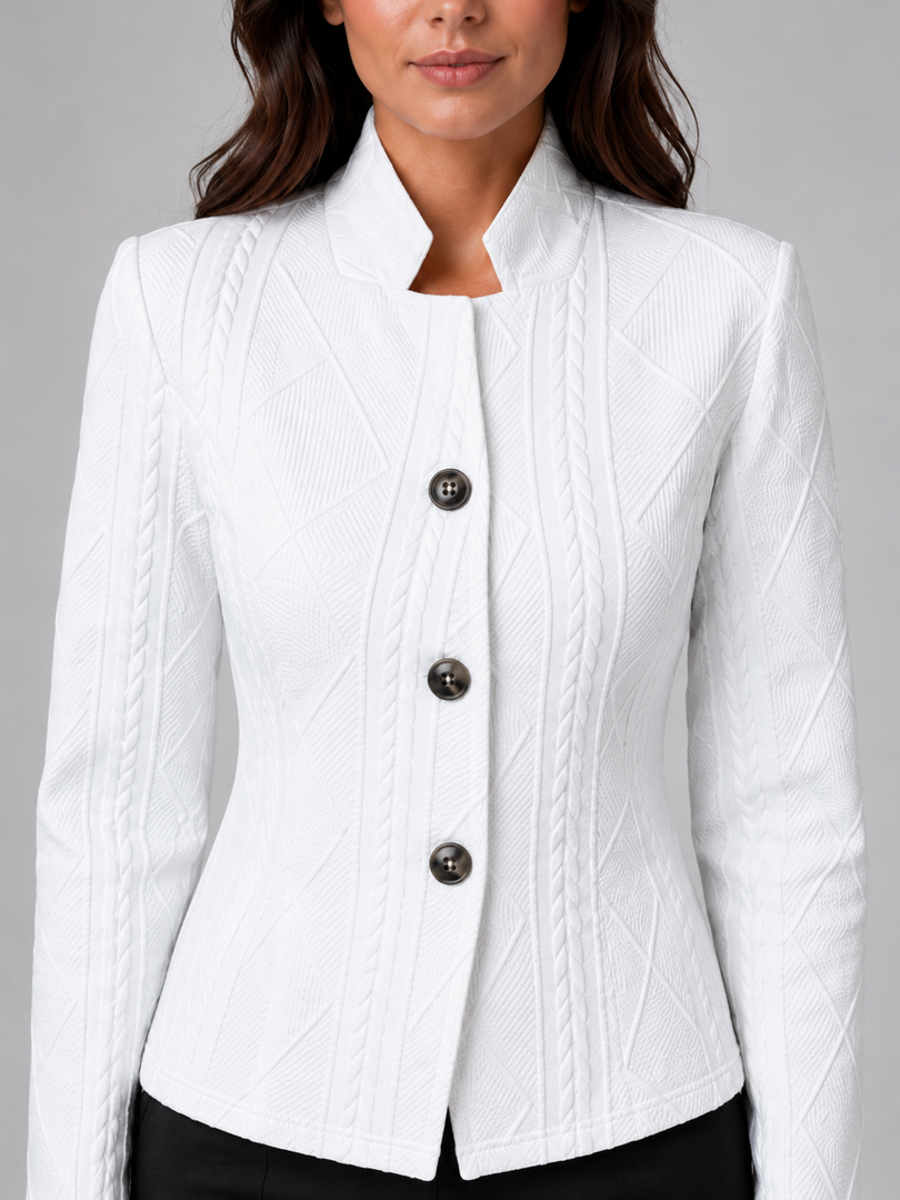 Women's textured stand collar blazer in white – close-up
