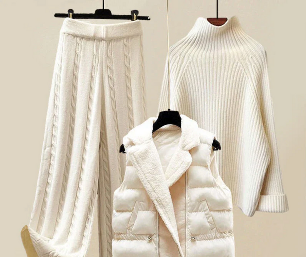 Women's three-piece knit set in cream – full set