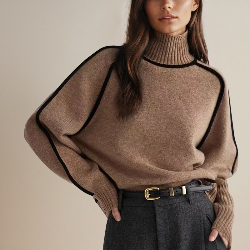 Women's Contrast Piping Turtleneck Sweater in brown