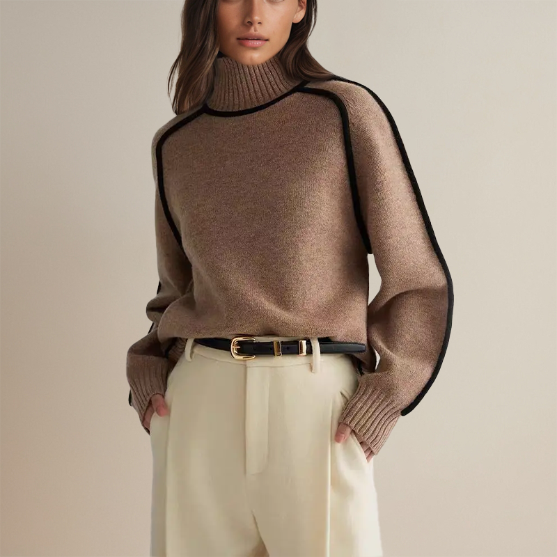 Women's contrast piping turtleneck sweater in brown – front view