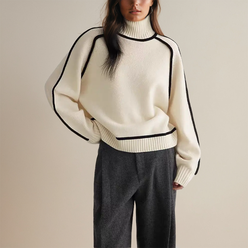 Women's contrast piping turtleneck sweater in cream – front view