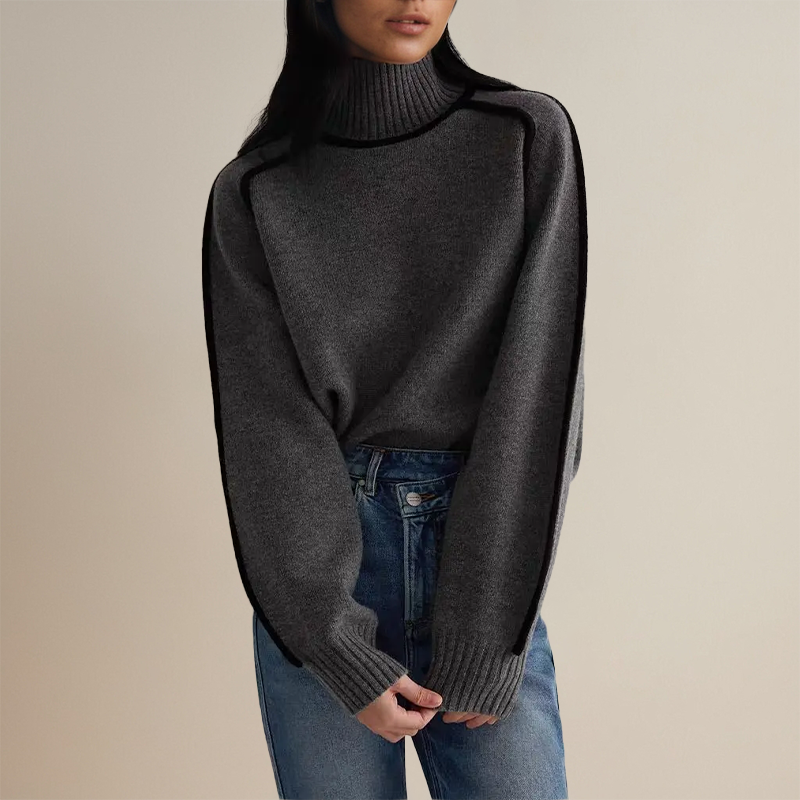 Women's contrast piping turtleneck sweater in charcoal – side view