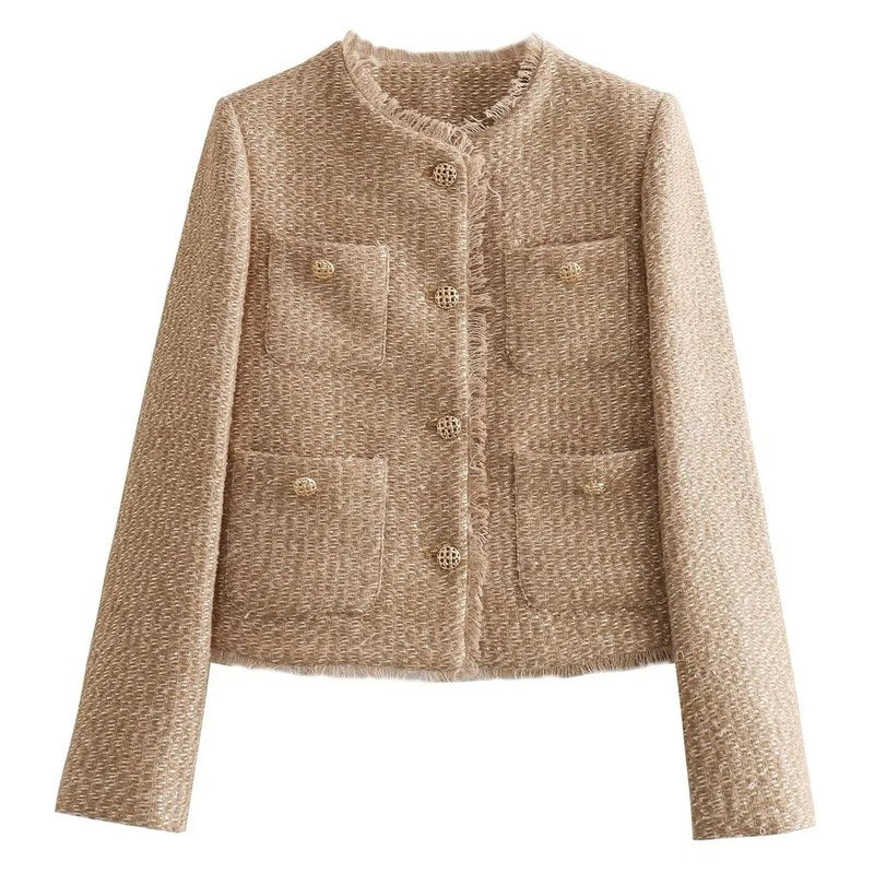 Women's tweed look jacket in beige – front view