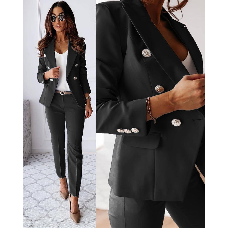 Women's two-piece blazer set in black – front view