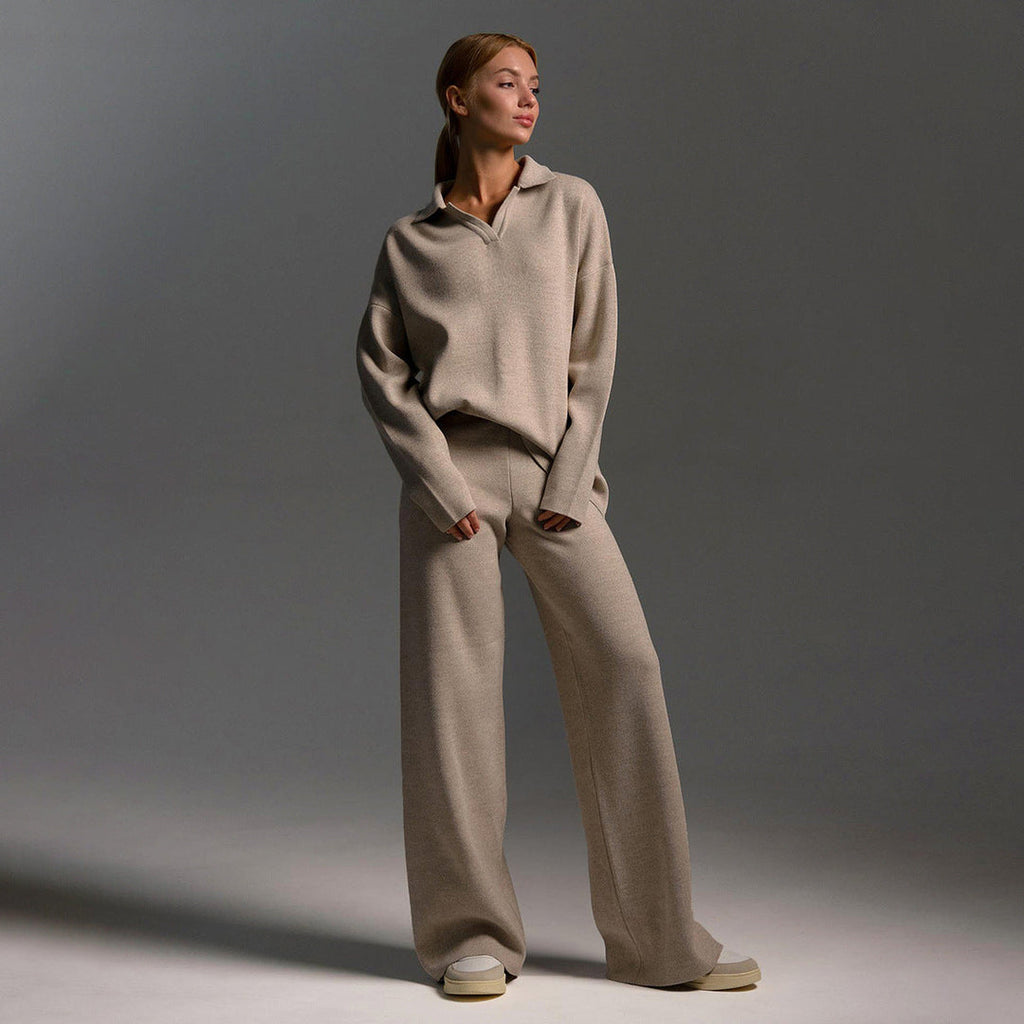 Women's polo sweater and wide-leg trouser set in cream – full look