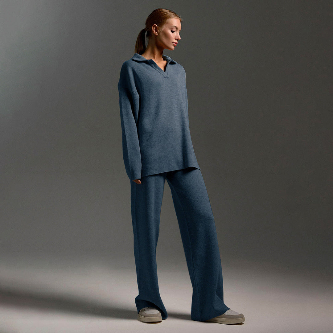 Women's polo sweater and wide-leg trouser set in blue – full look