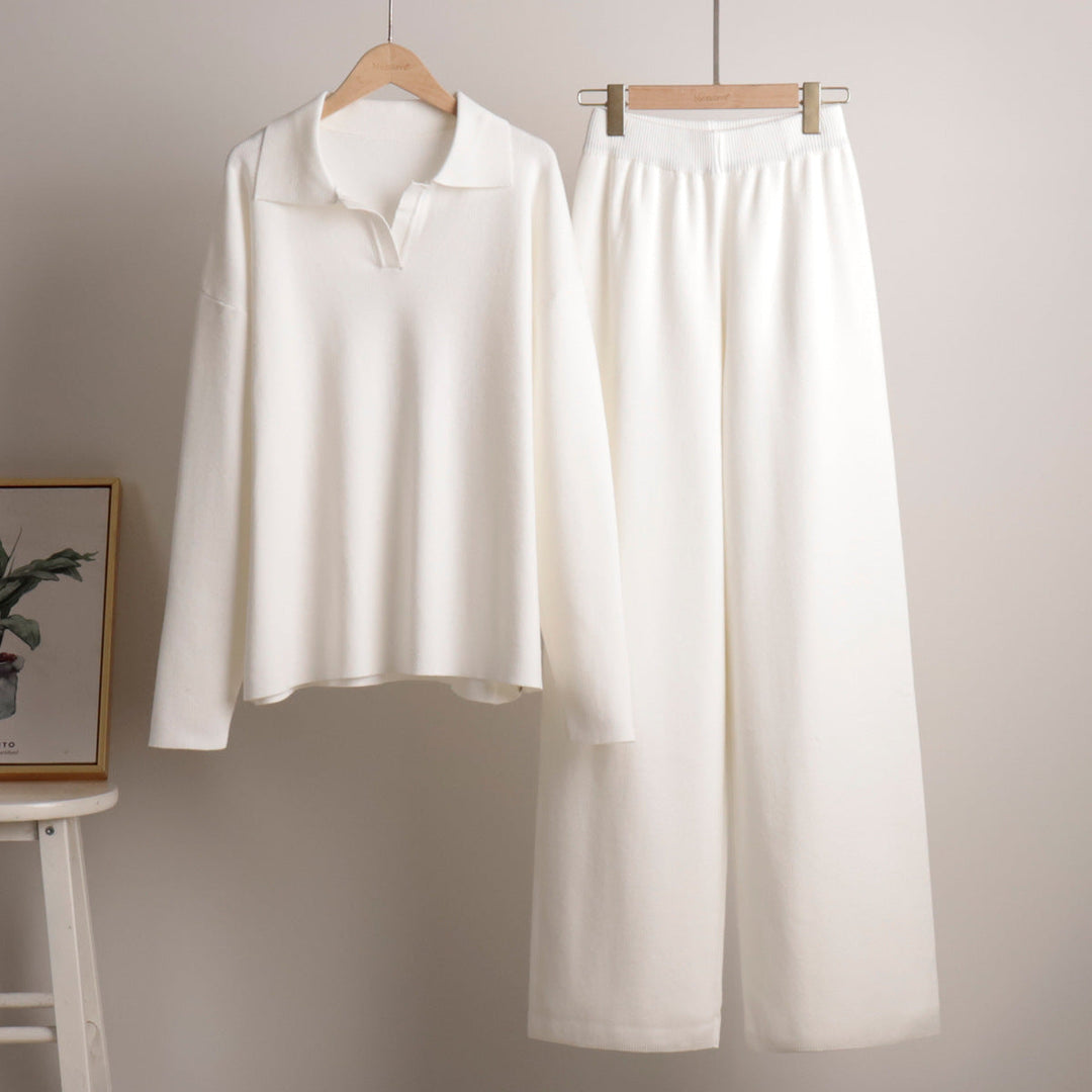 Women's polo sweater and wide-leg trouser set in white – on a hanger
