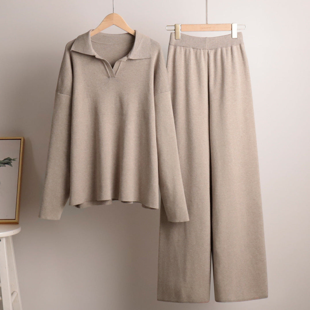 Women's polo sweater and wide-leg trouser set in cream – on a hanger