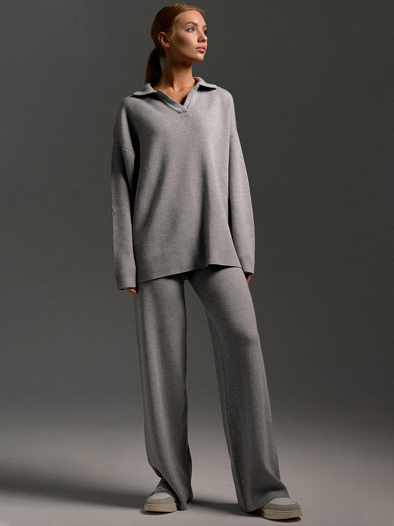 Women's polo sweater and wide-leg trouser set in grey – front view