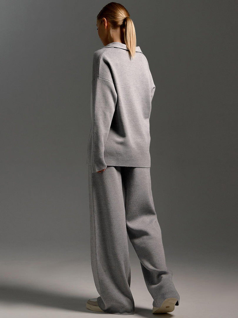 Women's polo sweater and wide-leg trouser set in grey – side view