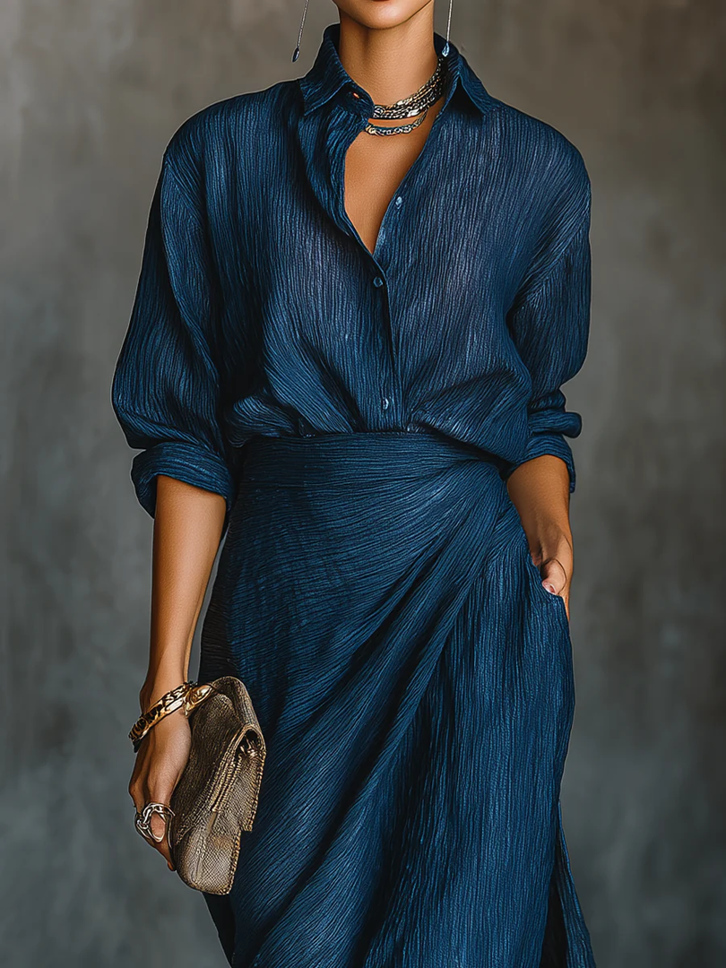 Women's shirt and maxi skirt set in navy – close-up