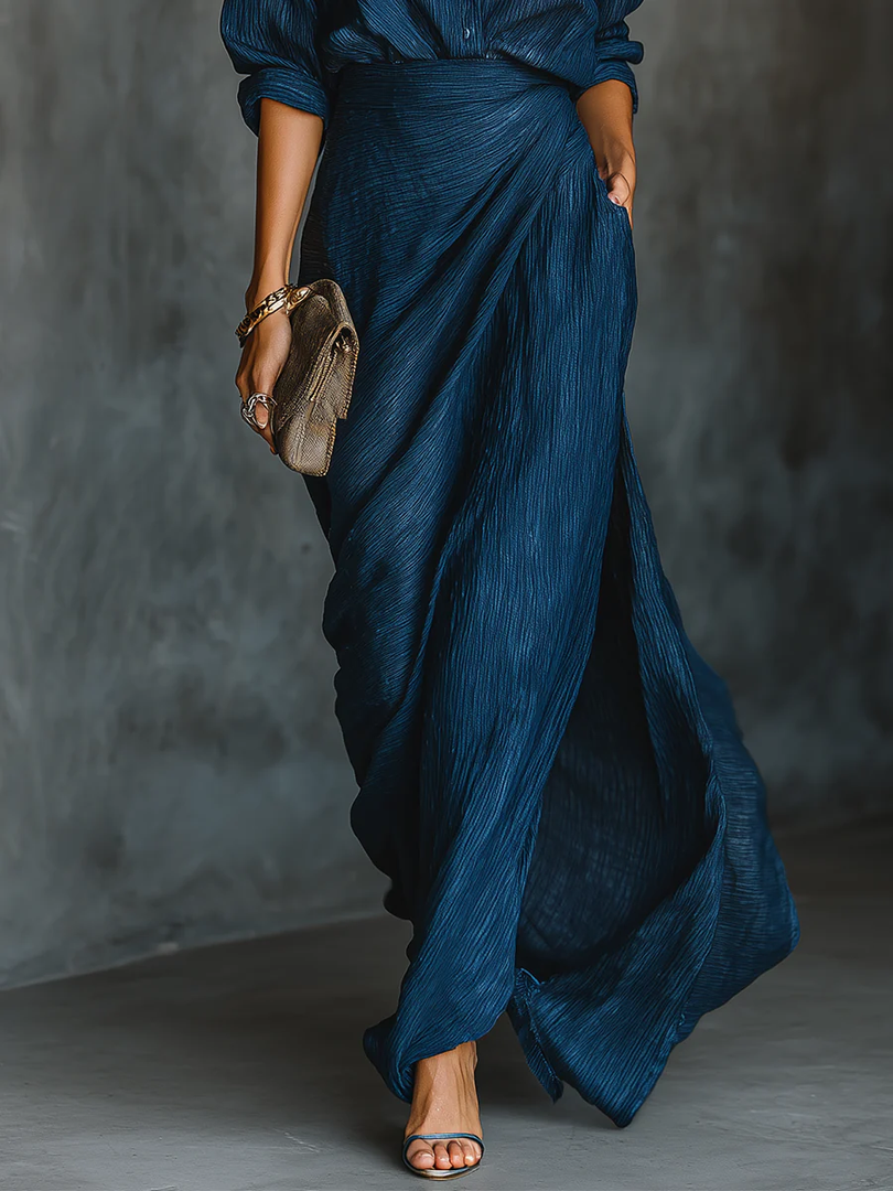 Women's shirt and maxi skirt set in navy – side view