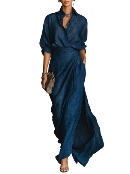 Women's shirt and maxi skirt set in navy – full look