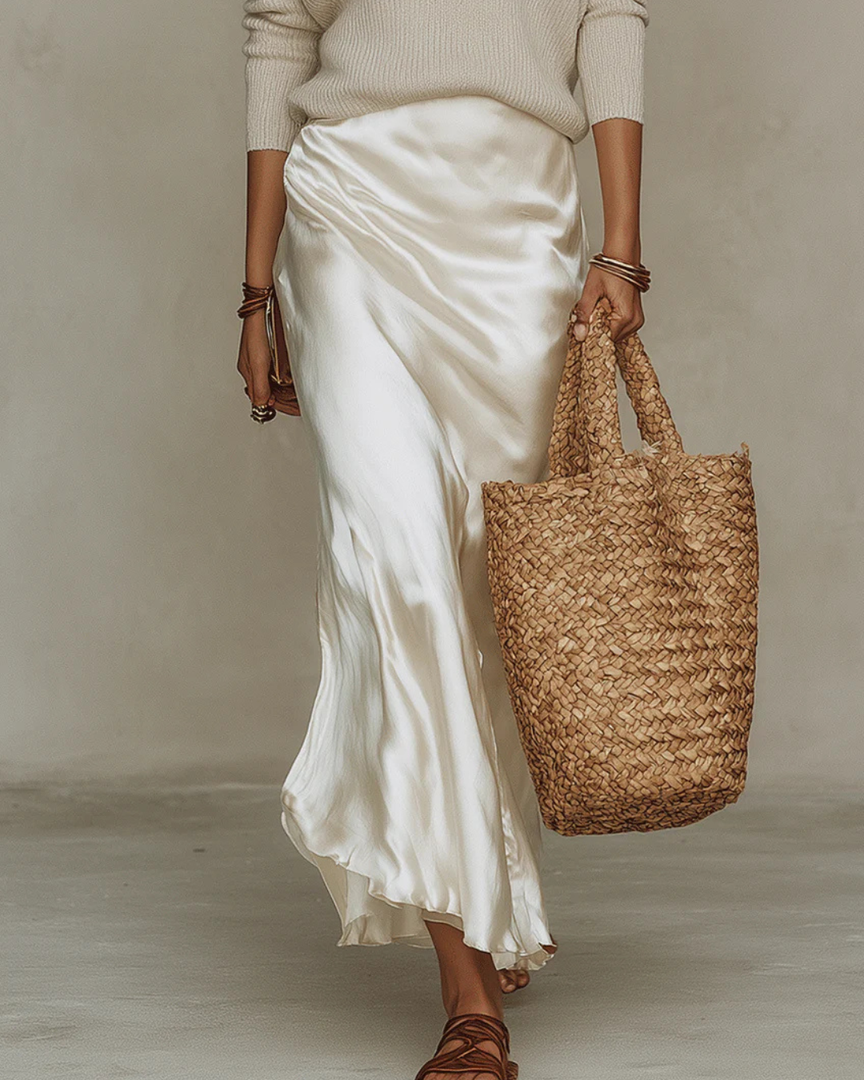 Women's satin midi dress and sweater set in white – side view