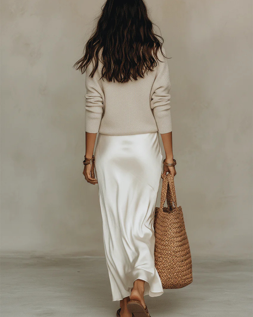 Women's satin midi dress and sweater set in white – back view