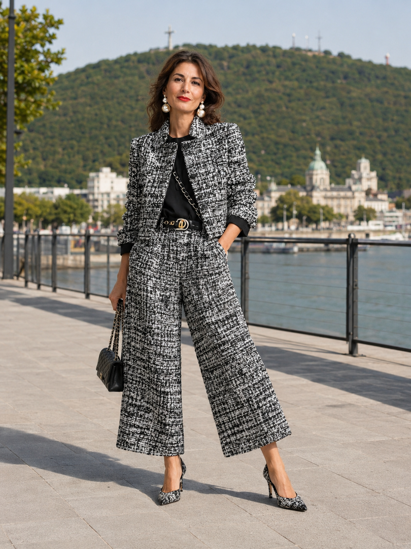 Women's Two-Piece Tweed-Look Set with Cropped Jacket and Wide Trousers in 3 Colors