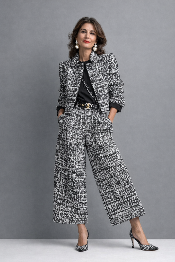 Women's Tweed-Look Jacket and Trouser Set in black