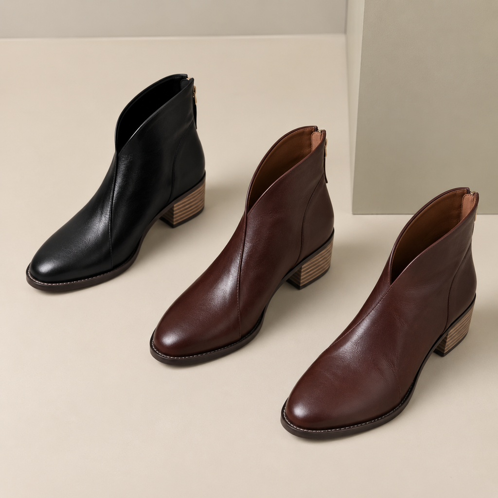 Women's V-cut ankle boots in black and brown