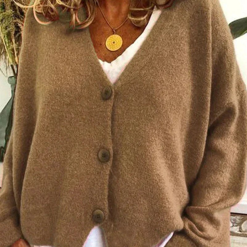 Women's V-Neck Knit Cardigan with Button Front for Relaxed Days