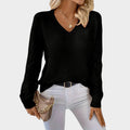 Women's V-Neck Openwork Sleeve Sweater in black