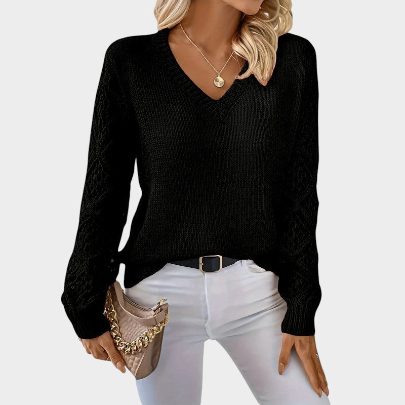 Women's V-Neck Openwork Sleeve Sweater in black