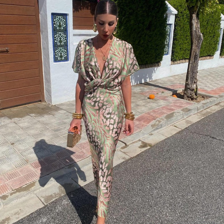 Women's V-Neck Midi Dress with Print and Wrap Look for Summer