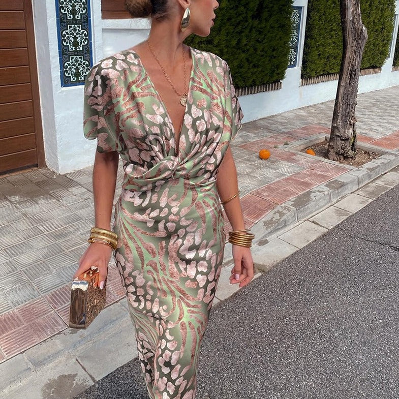 Women's printed V-neck midi dress – front view