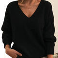 Women's V-Neck Sweater with Ribbed Trim in black