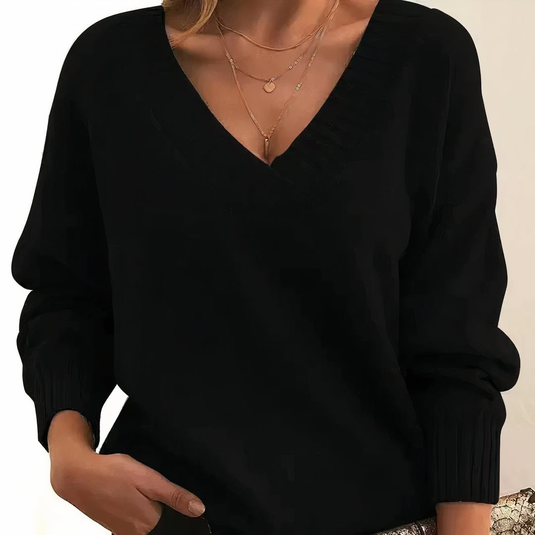 Women's V-Neck Sweater with Ribbed Trim in black