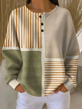 Women's Waffle Knit Henley Sweatshirt in sage stripe patchwork