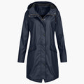 Women's waterproof long hooded coat in navy – front view