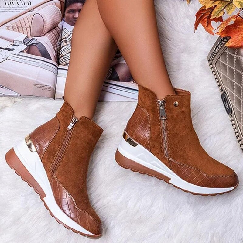 Women's Side Zip Wedge Ankle Boots in brown