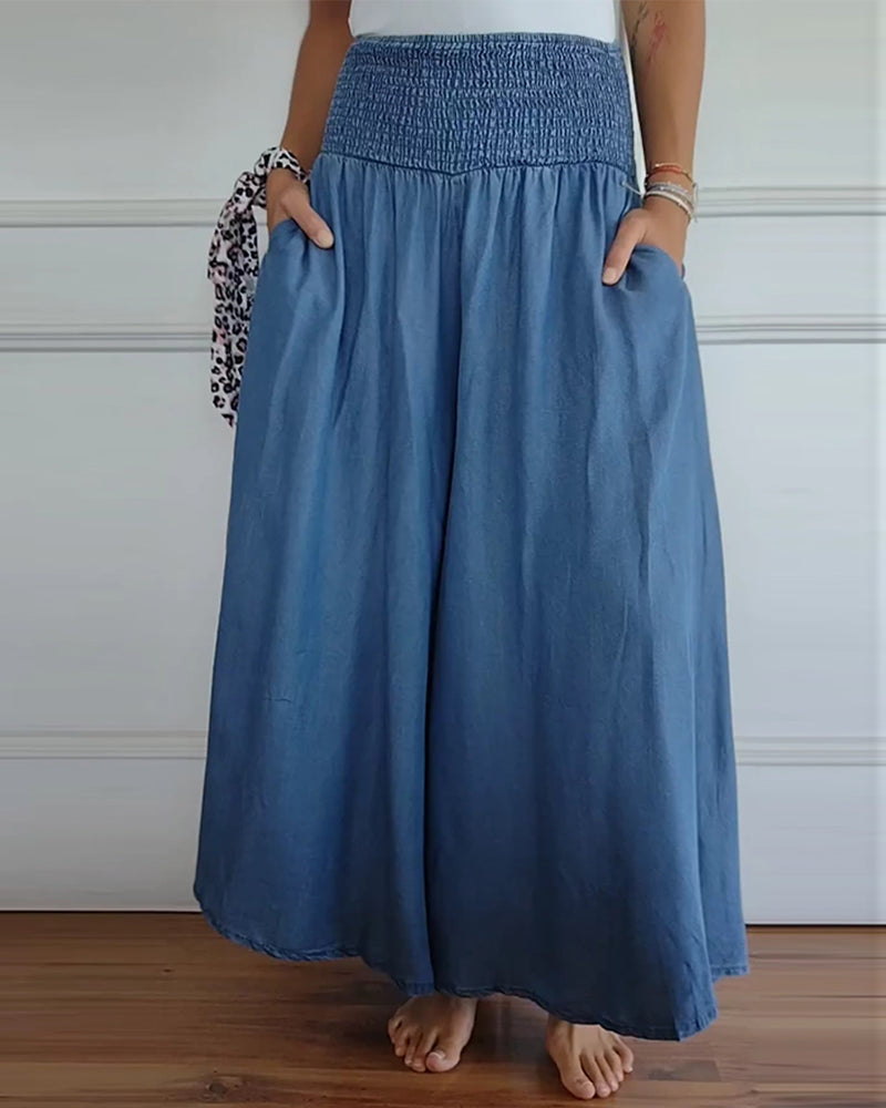 Women's Smocked Waist Wide Leg Trousers in blue