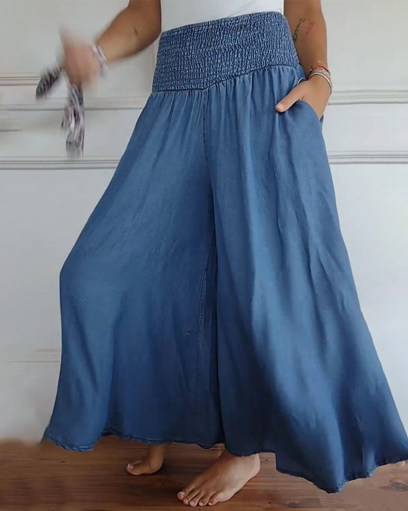 Women's smocked waist wide leg trousers in blue – walking