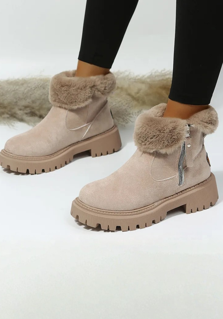 Women's faux fur cuff winter boots in beige – side view