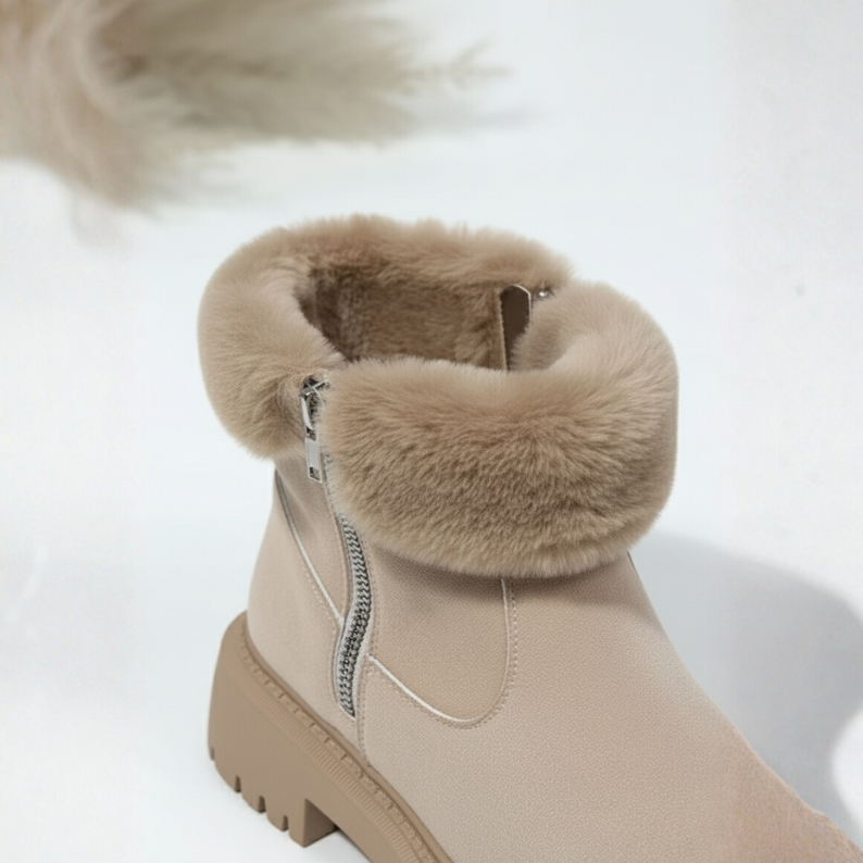 Women's faux fur cuff winter boots in beige – side zip
