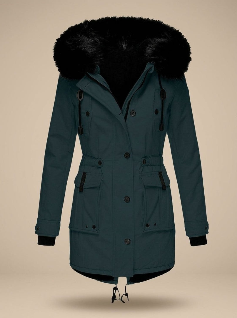 Women's faux fur hood winter parka in dark green – front view