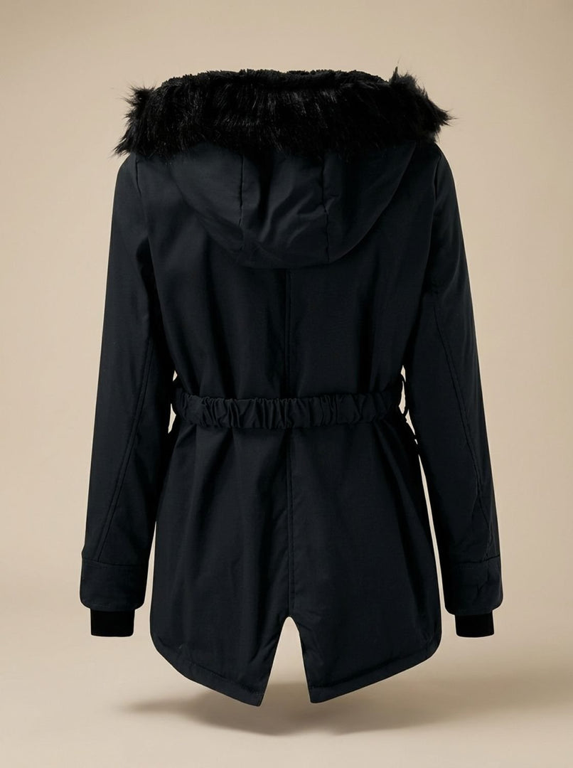 Women's faux fur hood winter parka in navy – back view