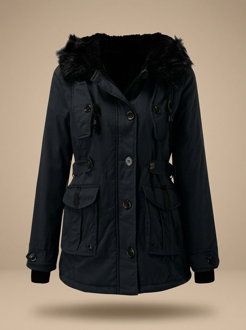 Women's faux fur hood winter parka in navy – front view