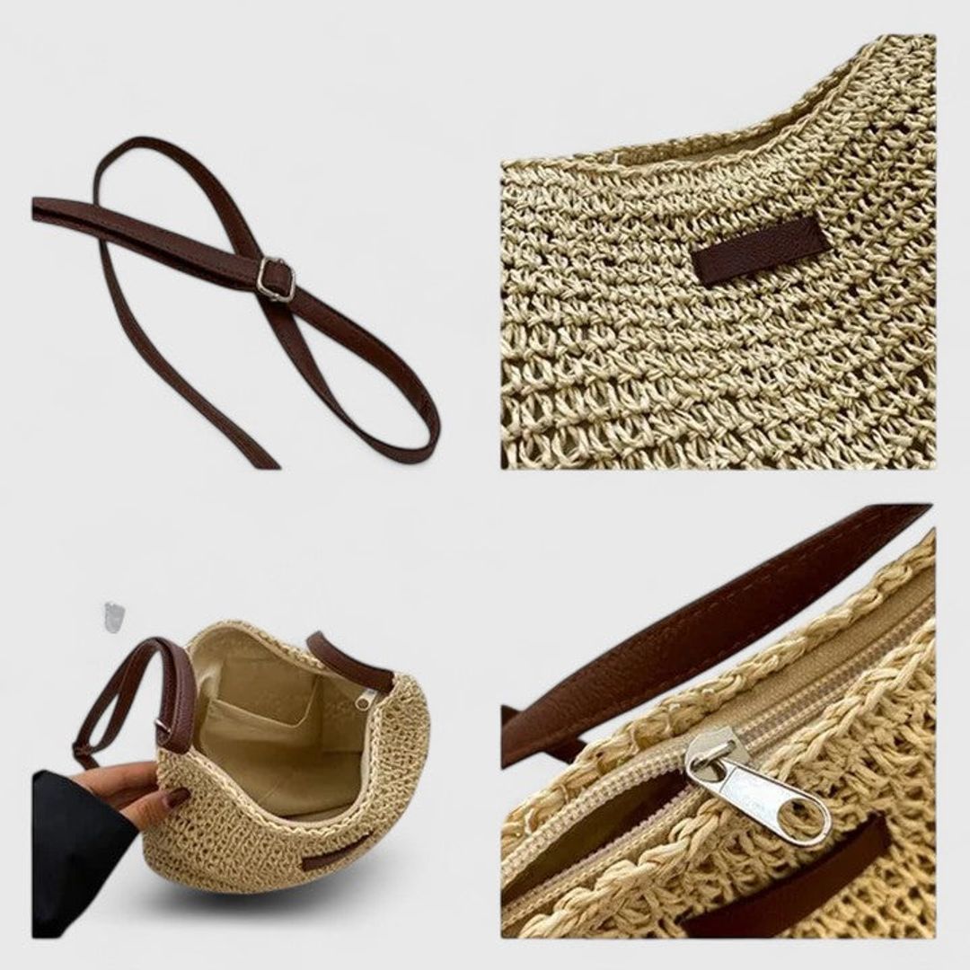Women's woven half moon shoulder bag, details
